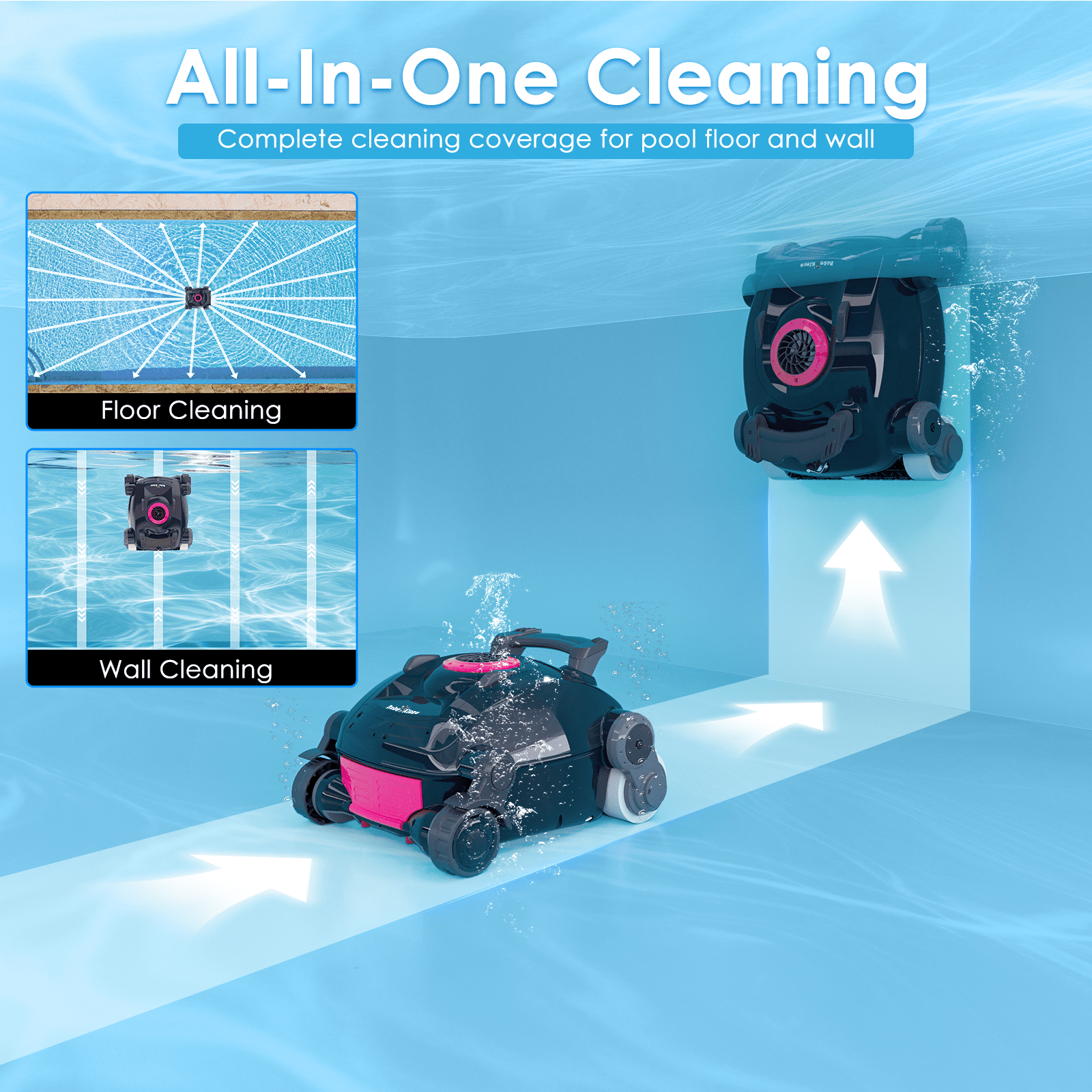 RoboKleen RK-X1 Cordless Robotic Pool Cleaner, Wall Climbing for Inground Pool and Above Ground Pool, Lightweight, 2700 GPH Suction, 8L Large Capacity,Pink
