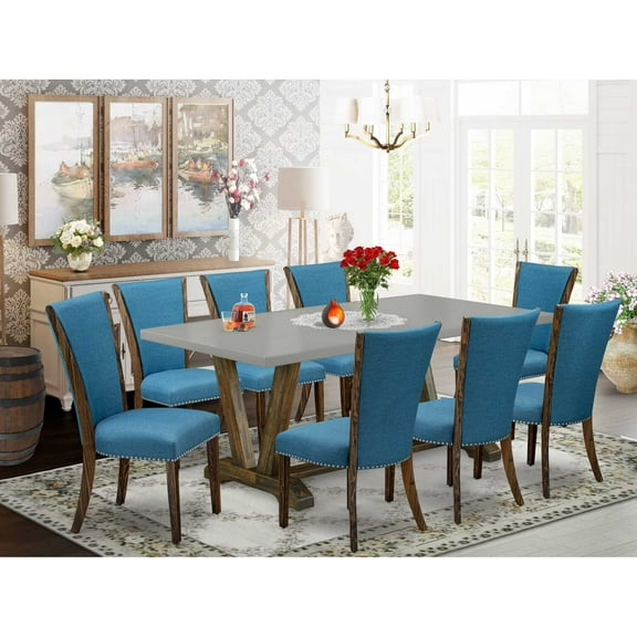East West Furniture V797VE721-9 9Pc Dining Room Table Set Offers a Dinette Table and 8 Parson Dining Chairs with Blue Color Linen Fabric, Distressed Jacobean and Cement Finish