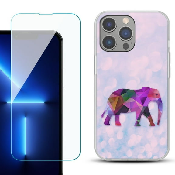 Slim-Fit Gel TPU Phone Case for iPhone 14 Pro Max, with Tempered Glass Screen Protector, by OneToughShield ® - Elephant /Polygon
