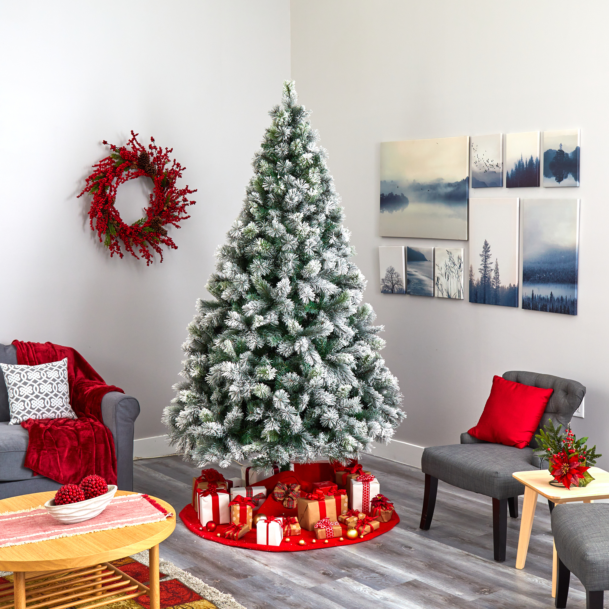 Nearly Natural Clear Prelit 500 LED Green Flocked Pine Flocked Oregon Pine Artificial Christmas Tree, with 1172 Bendable Branches 8'