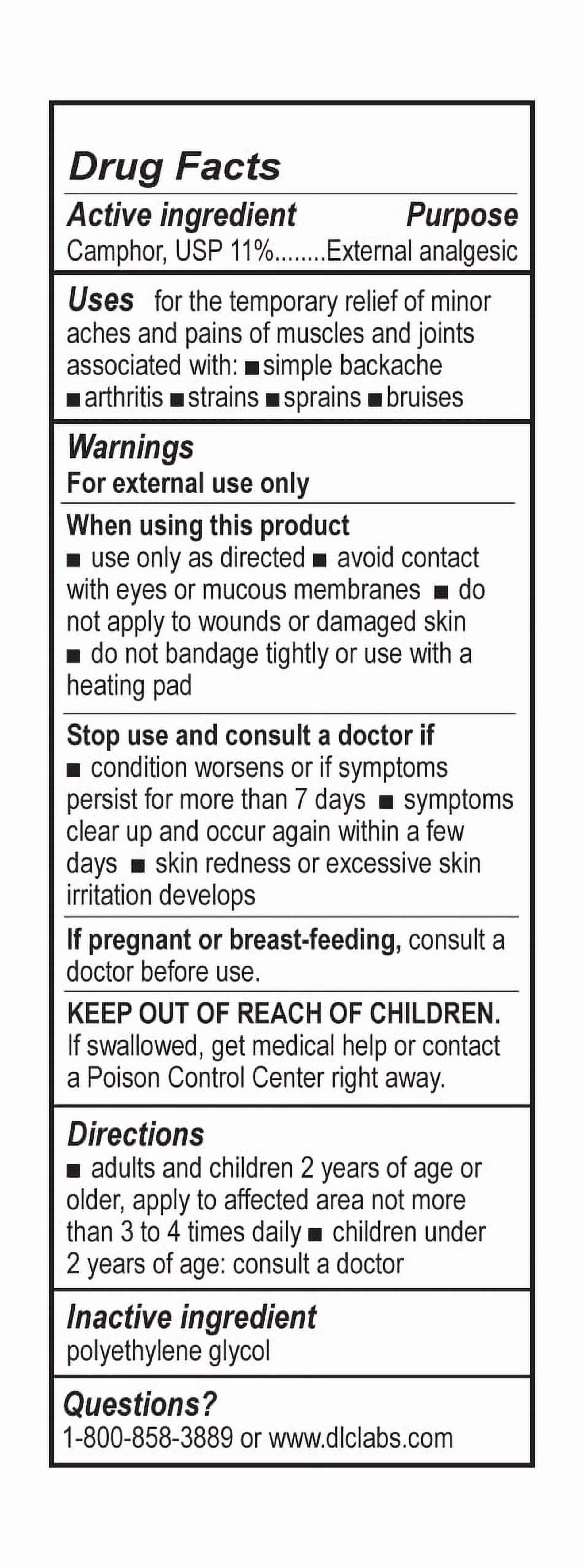 De La Cruz Camphor Liniment, Topical Pain Relief, 11% Pure USP, 2.5 oz