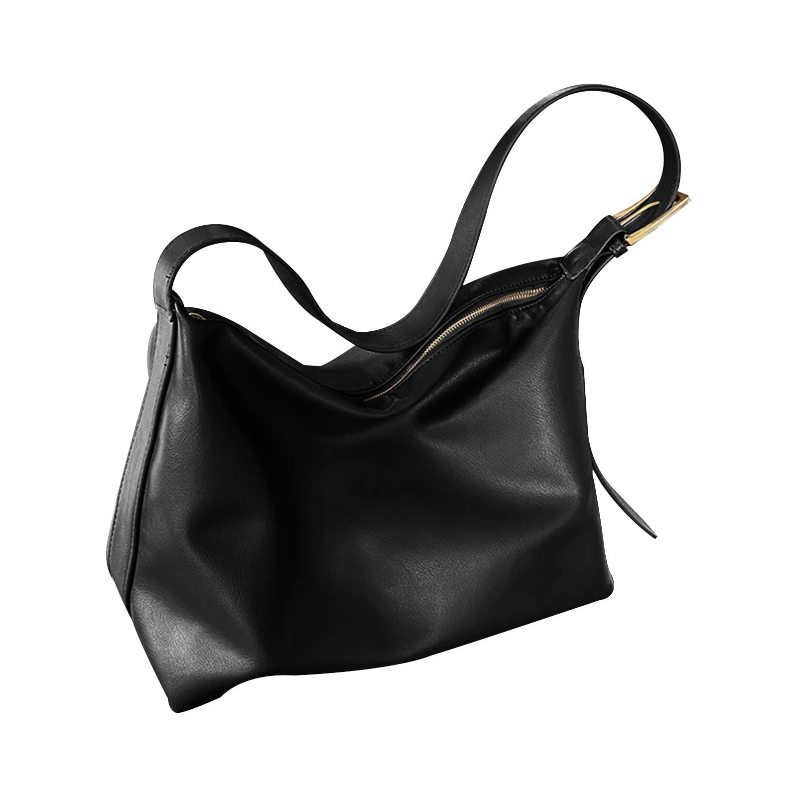 Stylish Women Shoulder Bag Pure Color with Zipper Pocket Adjustable Strap Tote Leather Hobo Purse Handbag for Ladies Travel Black