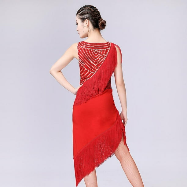 de Danza de Vientre de Baile Latino con Borlas Irregular Lentejuelas Cuello V Cortos de para Mujer Chica Rojo M Yinane Vestidos de baile latino para mujer Bodega Aurrera en linea