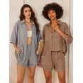 thumbnail image 6 of Ekouaer Waffle Knit Lounge Sets for Women Short Sleeve Pajamas Button Down Pjs Oversized Loungewear Shorts Set, 6 of 7