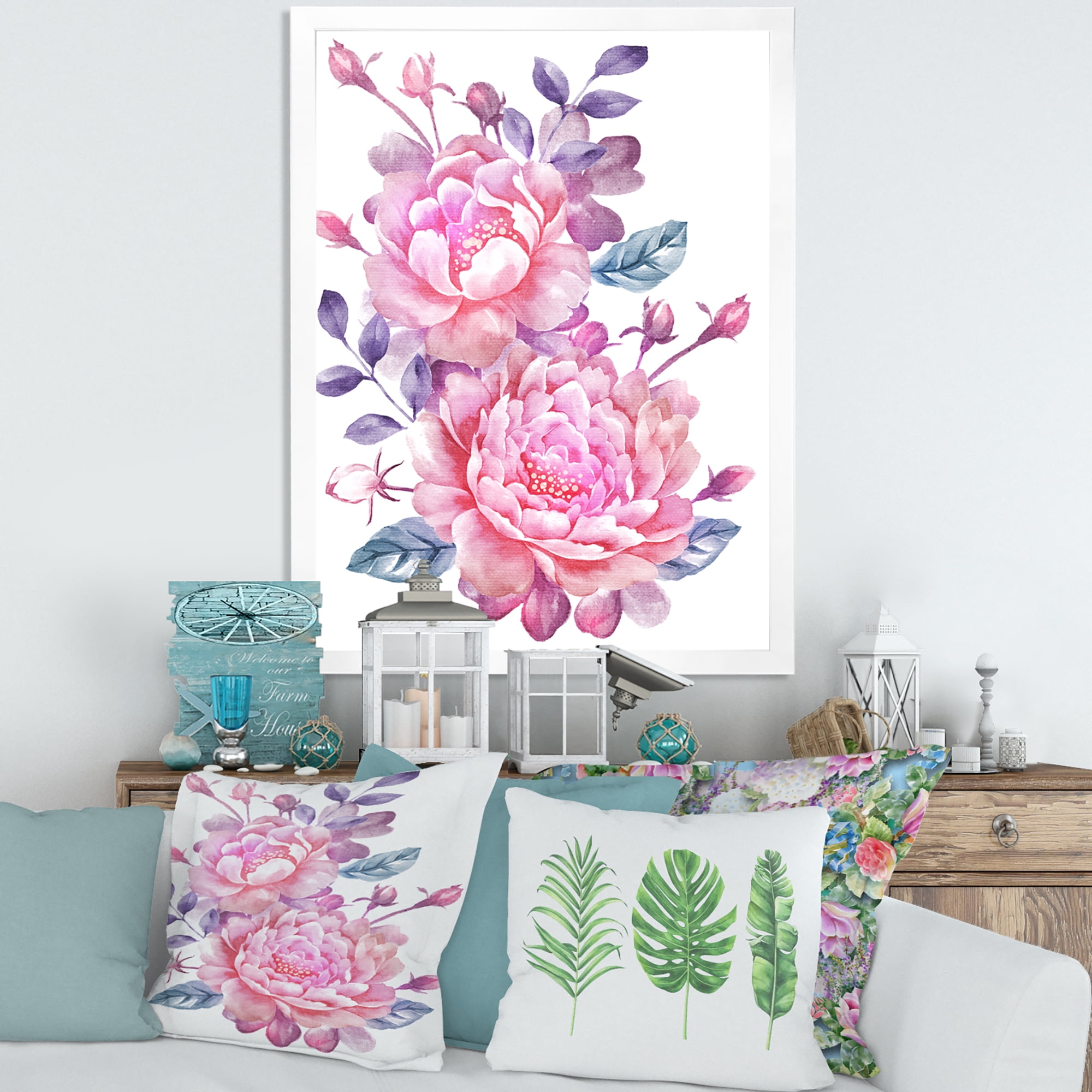 Designart 'Pink Retro Flowers With Blue Leaves On White' Traditional Framed Art Print