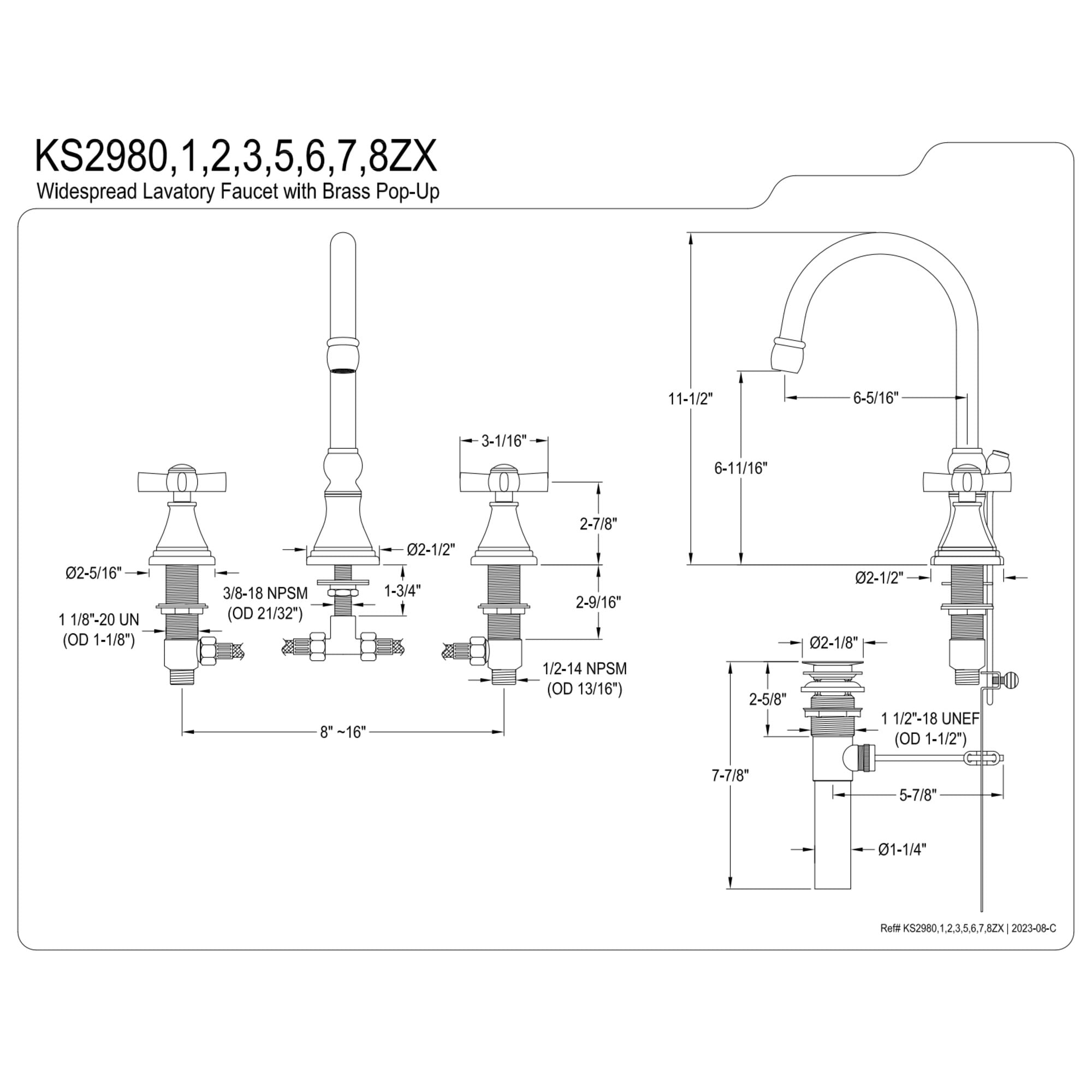 Kingston Brass KS2987ZX Millennium Widespread Bathroom Faucet with Brass Pop-Up, Brushed Brass