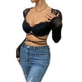 thumbnail image 2 of Biezeib Women’s Lace Patchwork Crop Tops, Long Sleeve Sweetheart Neck Cross Tie-up T-Shirts, 2 of 6