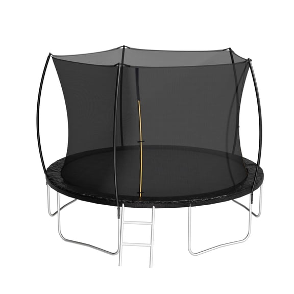 HOQBN 12FT Trampoline,Outdoor Trampoline with Enclosure Net and Ladder,Curved Fence Pole,Black