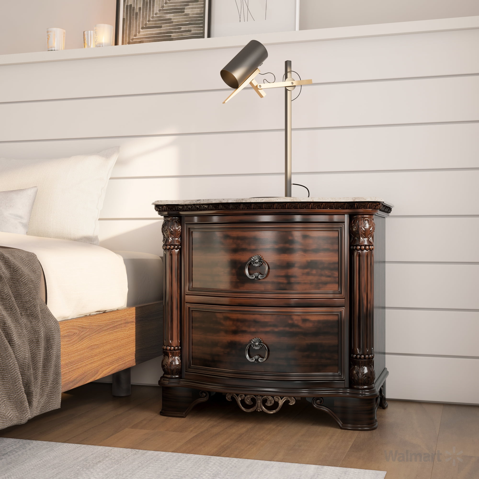 Furniture of America Davidson Traditional Wood Carved Marble Nightstand