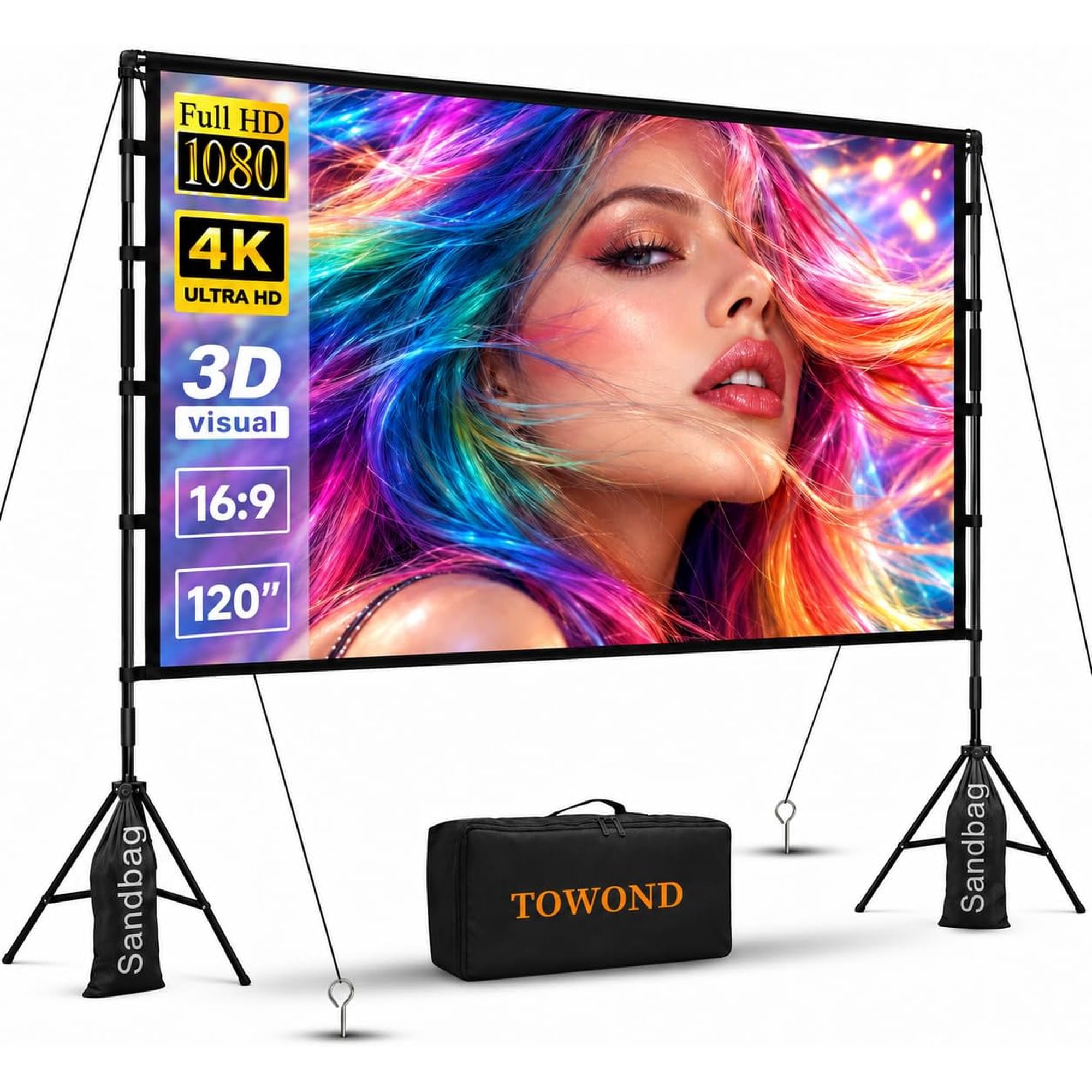 Florascent 120 inch Projector Screen with Stand, 4K HD 16:9 Foldable Anti-Crease Indoor Outdoor Movie Screen, Portable Projection Screen for Backyard Theater, Camping, and Sports Viewing Parties