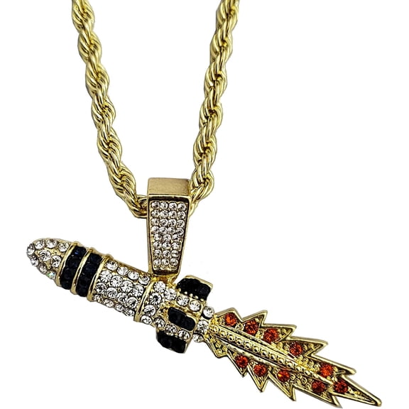 Hip Hop Iced Gold Plated Cubic Zirconia Spaceship Rocket Pendant & 4mm 24" Rope Chain Necklace Set Perfect Gift