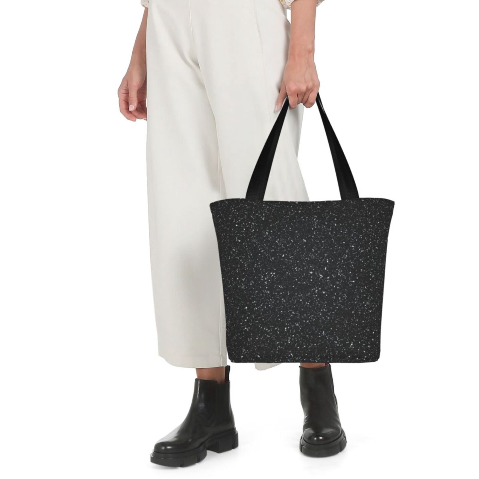 Ratiio Black Glitter Print Shoulder Bag for Women, Polyester Crossbody Purse Lightweight Handbag for Daily Travel and Casual Use