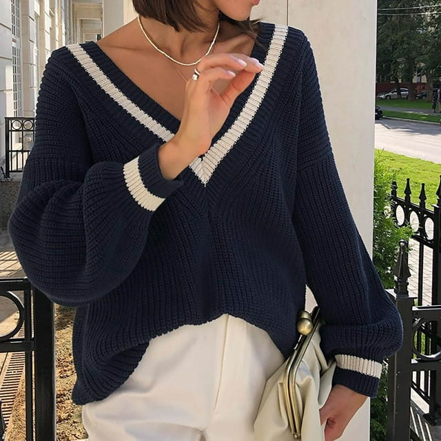 RKSTN Pulls pour Femmes Mode Manches Longues Col en V Pull Tricoté Automne