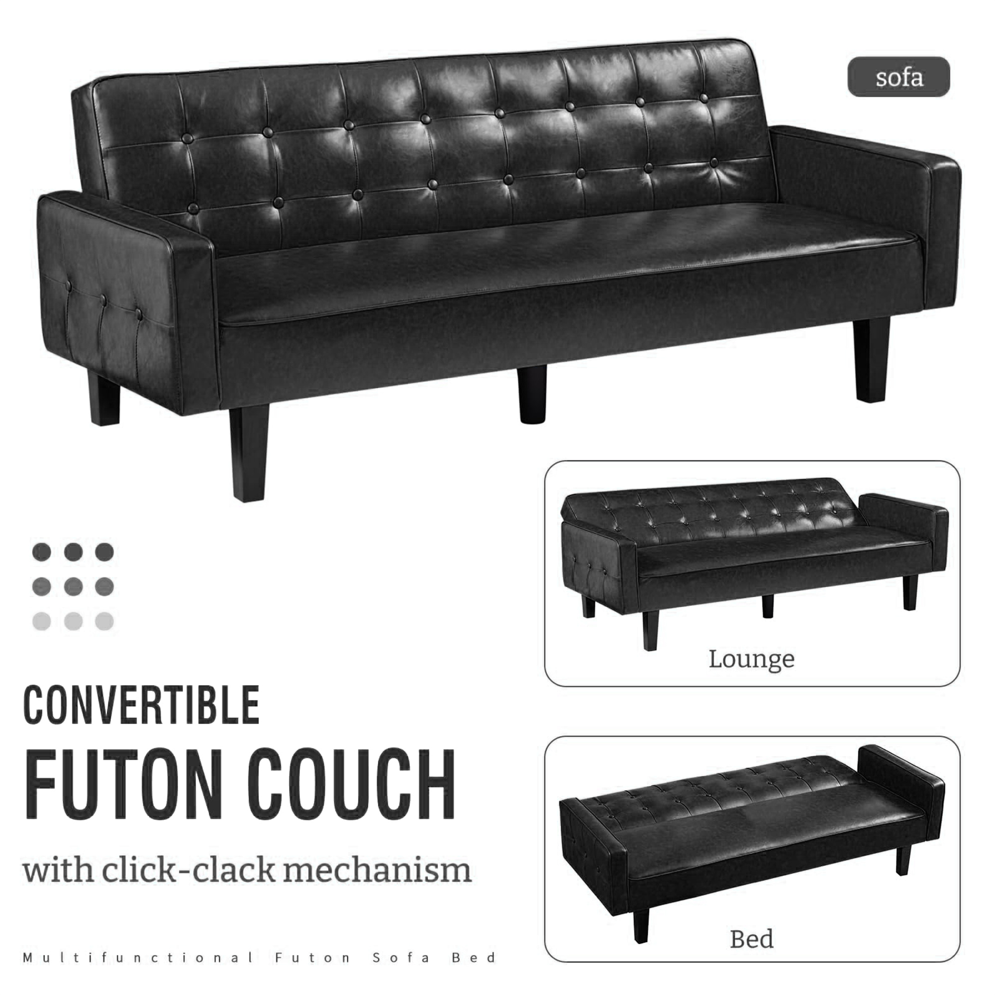 Aukfa 75" Button-Tufted Futon Convertible Sofa Bed for Home Office, Leather, Black