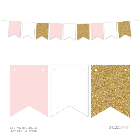 Signature Blush Pink, White, Gold Glittering Party Collection, Hanging Pennant Banner, Blank Pennants