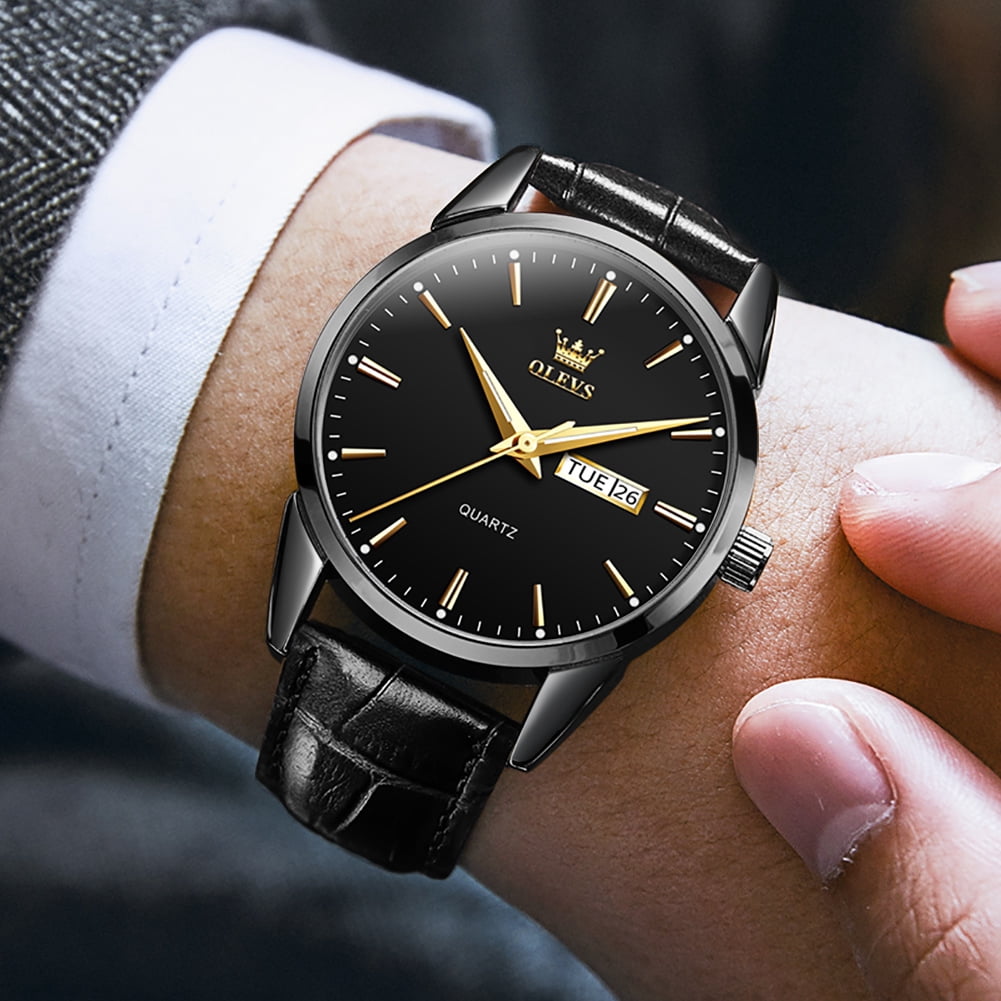 OLEVS Mens Watches,Black Leather Watch for Men,Black Analog Quartz Fashion Business Dress Watch Luminous Waterproof Casual Male Wrist Watches Reloj para Hombre