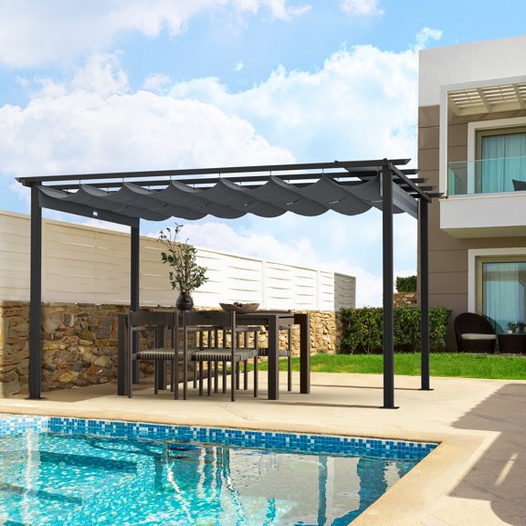 HAPPATIO 10' X 13' Outdoor Retractable Pergola with Sun and Rain-Proof Canopy, Includes Ground Studs and Expansion Screws (Brown)