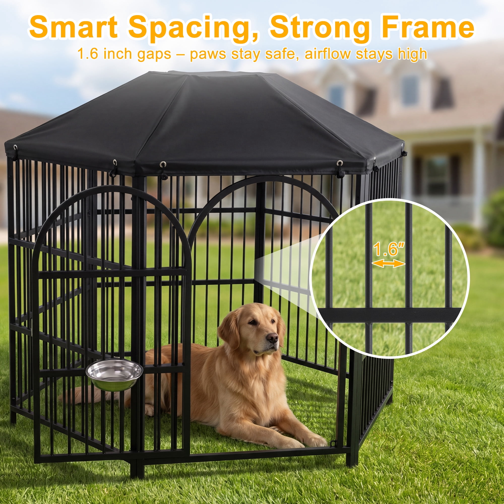Okeysen 50 inch Hexagon Outdoor Large Dog Kennel with All-Weather Cover, Heavy-Duty Steel Frame, 5 Ground Anchors & Adjustable Bowl Stand