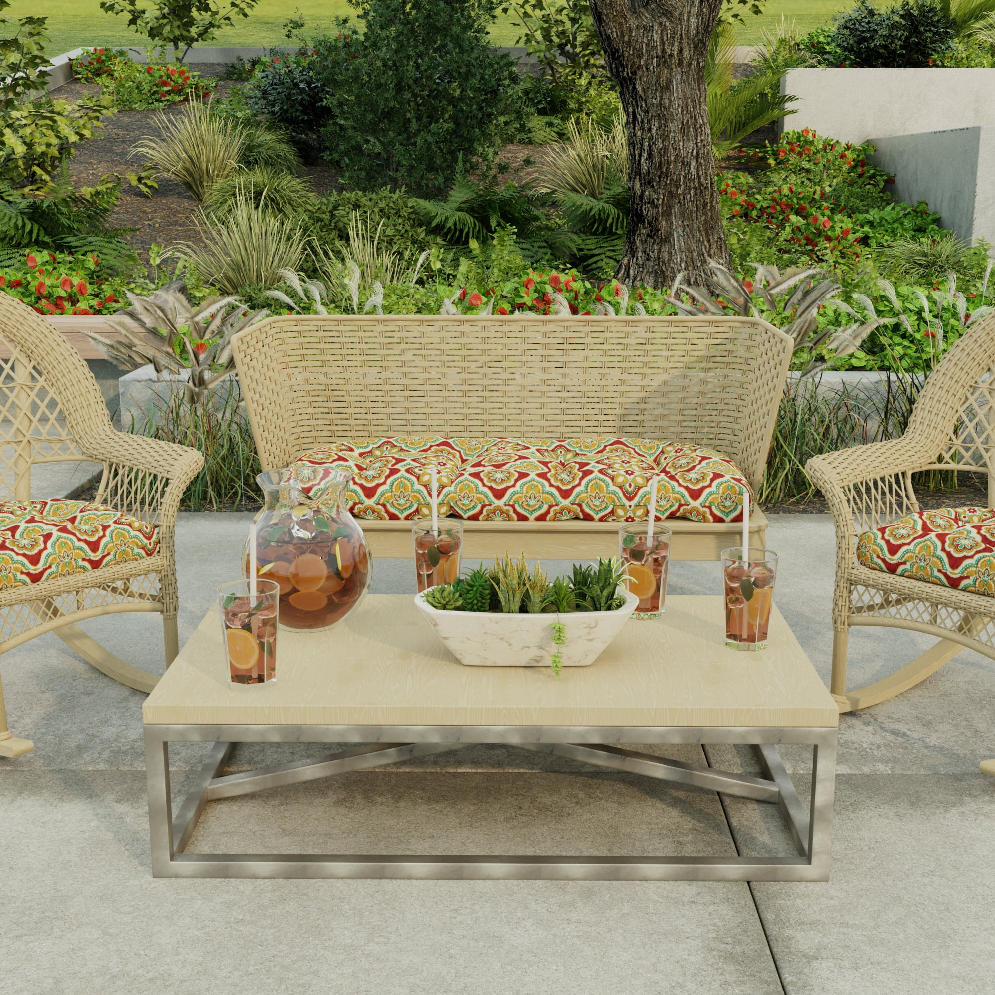 Jordan Manufacturing 44" x 18" Adonis Jewel Crimson Medallion Rectangular Tufted Contoured Outdoor Wicker Settee Bench Cushion