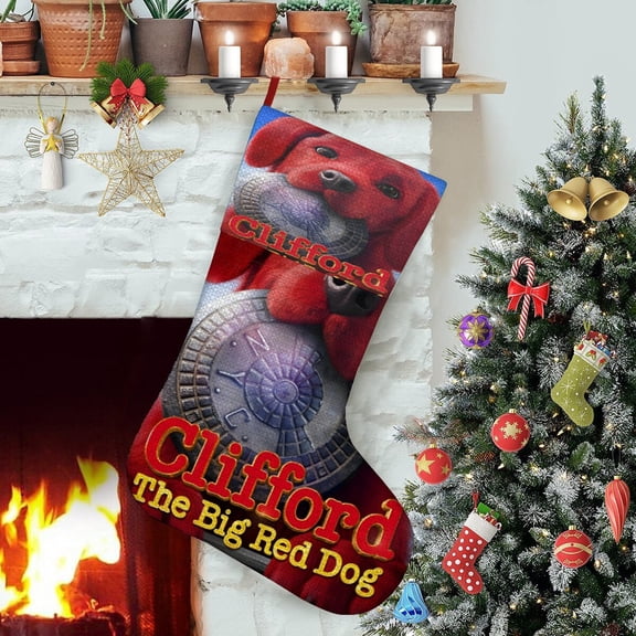Clifford The Big Red Dog-theme Christmas Stockings，Fine white linen for Stairs Fireplace Hanging Xmas Home Decor Christmas gift17.7"X12.6"(45cm×32cm)