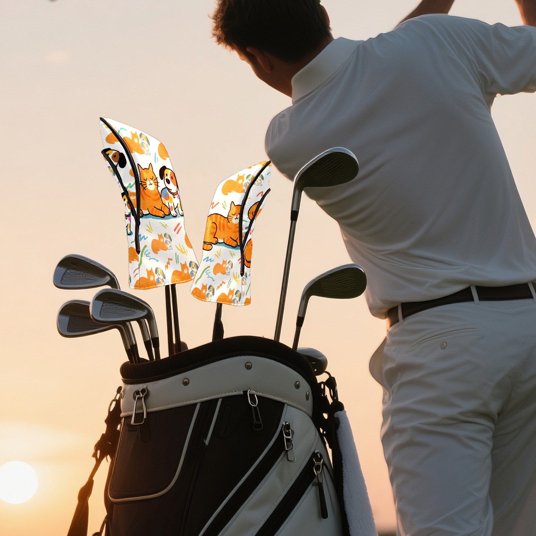 Golf Club Covers, Orange Pets Premium PU Leather Driver Hybrid Putter Head Covers with Velvet Lining, Waterproof Golf Gifts for Men Women