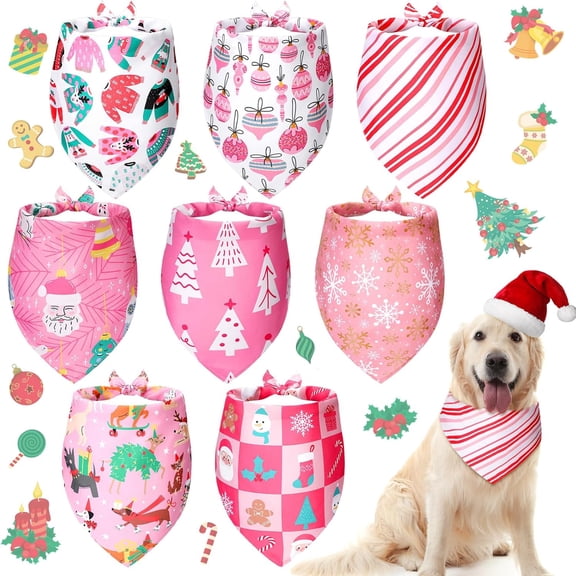 8 Pcs Christmas Dog Bandanas Costume Pink Xmas Tree Santa Triangle Pet Scarf for Female Dogs Adjustable Pet Bibs Scarf for Christmas Costume Accessories Decoration