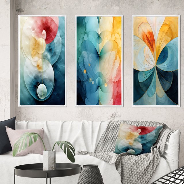 Designart "Circular Harmony Contemplating Divinity VI" Modern Geometric Framed Wall Art Set Of 3 - Turquoise Abstract Frame Gallery Set For Office Decor