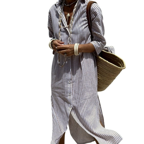 Women'S Shirt Dress Casual Lapel 3/4 Sleeve Button-Down Collar Slit Tie Resort Maxi Dress Brown S