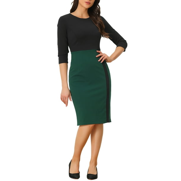 Vestido Lápiz Elegante INSPIRE CHIC para Mujer con Cuello Redondo y Mangas 3/4, Vestidos de Oficina Ajustados XS Verde