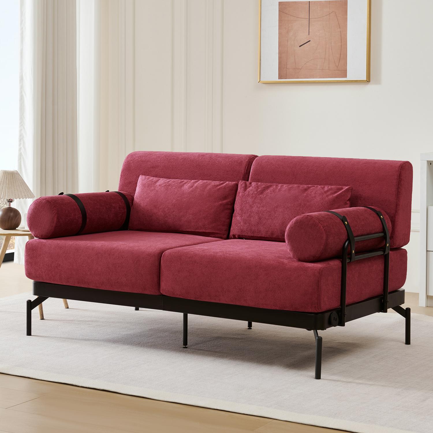 59" Loveseat Sofa with USB Ports,Modern Sofa Couch 2-Seater Sofa with 2 Pillows,Cylindrical Armrests for Living Room Bedroom Apartment,Red