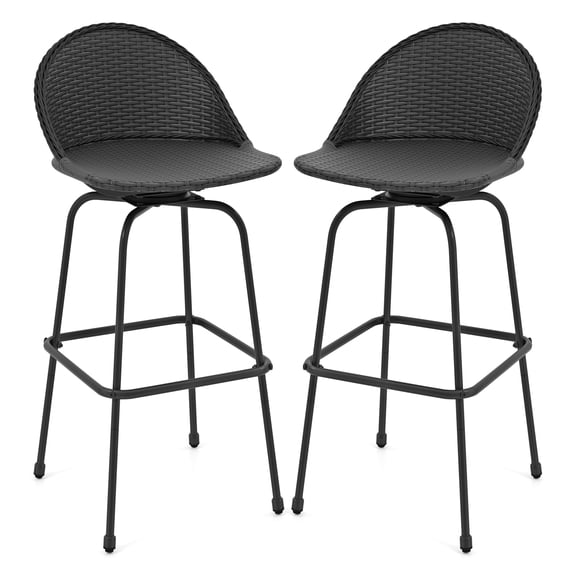 Gymax Rattan Swivel Barstools Set of 2 w/ Curved Back & Heavy-Duty Metal Support