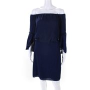 Pre-owned|Halston Womens Boat Neck Mesh Trimming 3/4 Sleeve Shift Dress Blue Size 6
