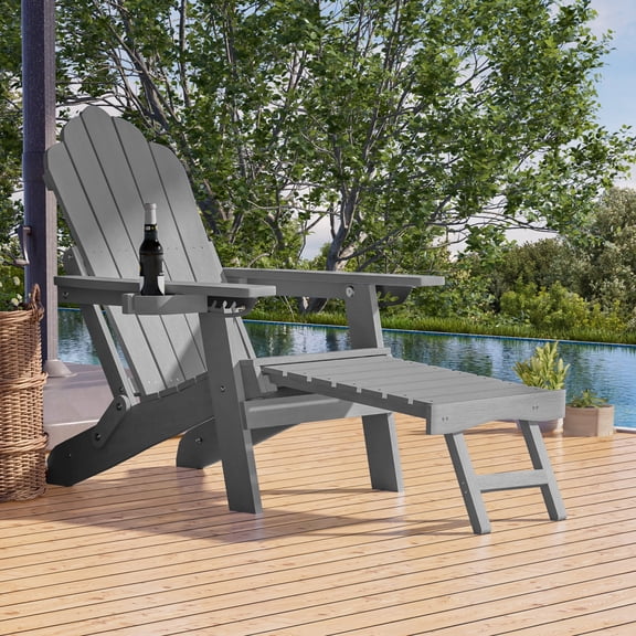 ACEGOSES Adirondack Chair with Retractable Ottoman, HIPS Folding Adirondack Chair with Cup Holder, All-Weather Fire Pit Chair for Outdoor, Gray