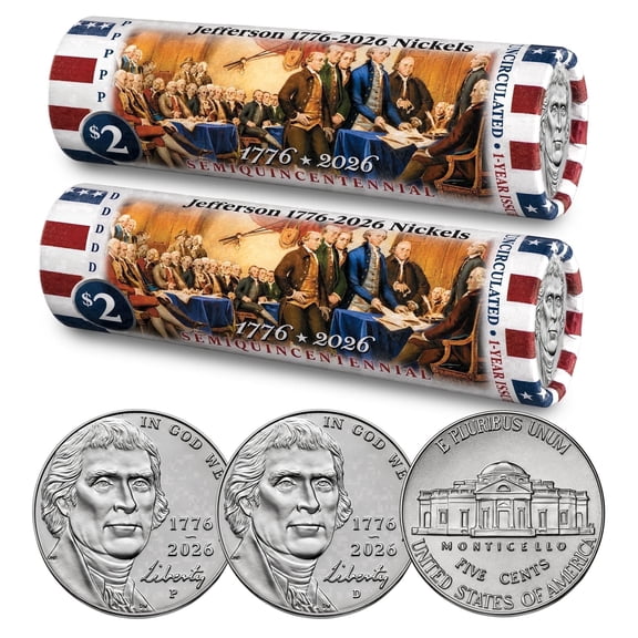 Collectible 2026 P & D Set Jefferson Liberty Nickel • DECLARATION OF INDEPENDENCE • Brilliant Uncirculated Coin Rolls, America's 250th Anniversary