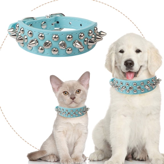 Blue Spiked Dog Collar, Adjustable Anti-Bite Studded Neck Strap 1 Pack, Metal Buckle Pet Collar for Medium Dogs, Cool Punk Style Walking Gear Size L