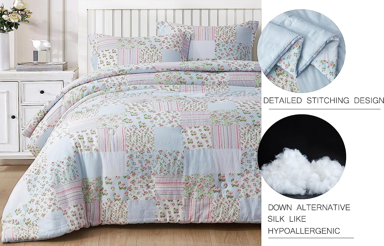 Chezmoi Collection Holly 3-Piece Washed Cotton Comforter Set Queen Size, Floral Bedding Set Blue White Pink Green Polka Dot Printed Patchwork Reversible Lightweight Comforter for All Season