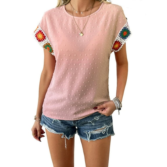 Womens Shirts Floral Crochet Short Sleeve Crewneck Shirt Casual Pullover Blouse Summer Tops Pink L