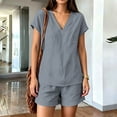 thumbnail image 3 of Pounoo Sets for Women 2 Piece V Neck Short Sleeve Top Elastic Waist Shorts Casual Summer Beach Vacation Matching Outfits, 3 of 9