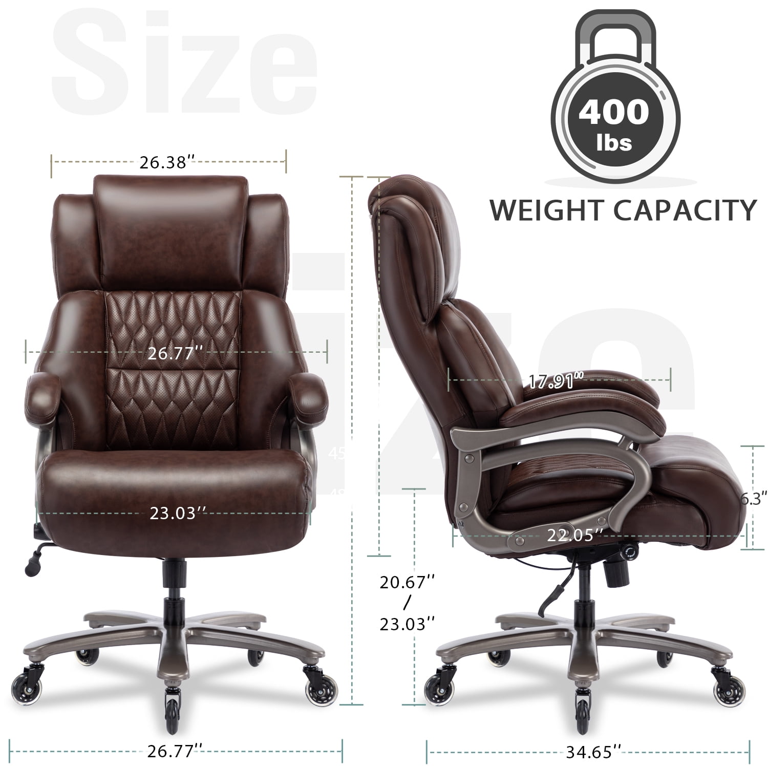 Big and Tall Office Chair 400lbs, Ergonomic Computer Desk Chair with Adjustable Lumbar Support, Quiet Rubber Wheel, High Back Thick Padded Executive Office Chair, Brown