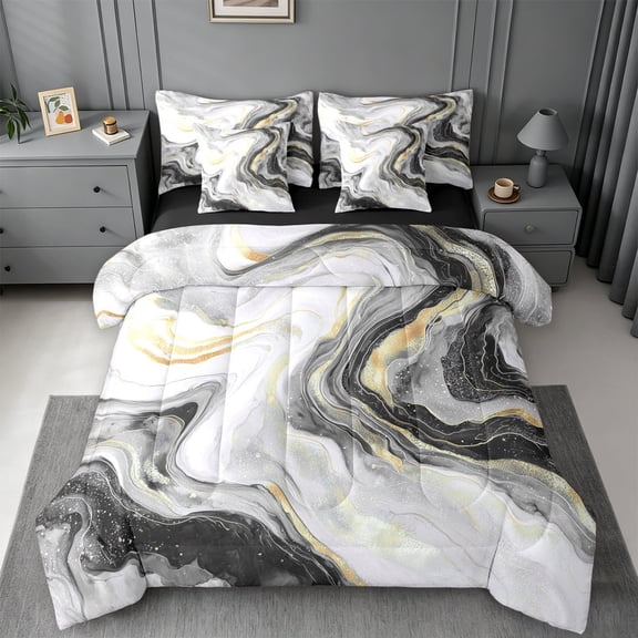 meiyoeat Modern Marble Art 7pcs Queen Bedding For Women Men,Abstract Swirl Design Bedding Comforter Set Queen For Adults,Black Reversible