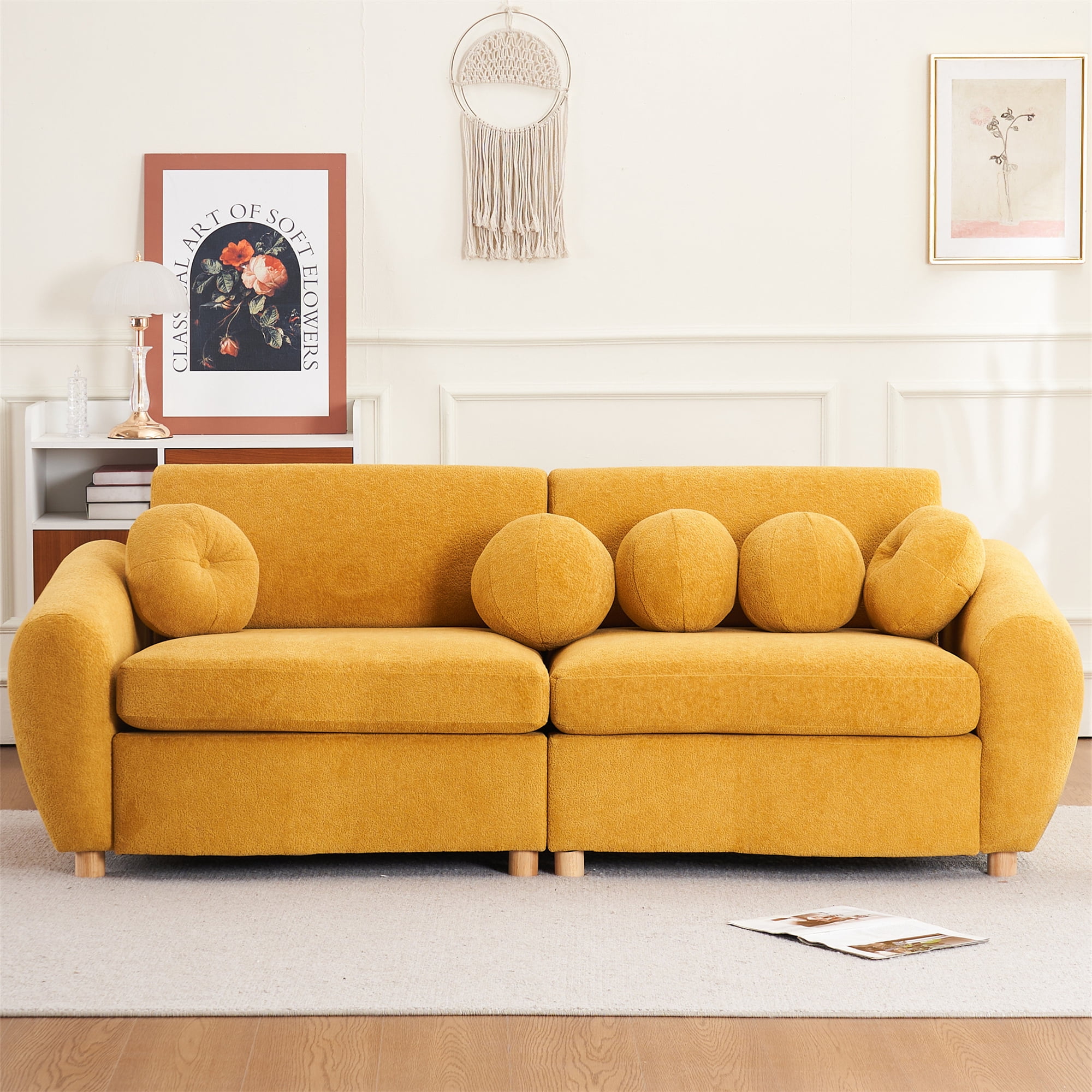 Aukfa 85" Modern Comfy Sofa, Upholstered Deep Seat Couch for Living Room, 5 Pillows, Chenille, Yellow