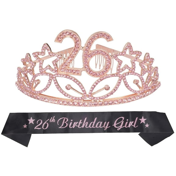 MEANT2TOBE Pink Birthday Sash and Tiara Set - Glitter Sash   Rhinestone Tiara for Women's 26th Birthday Party