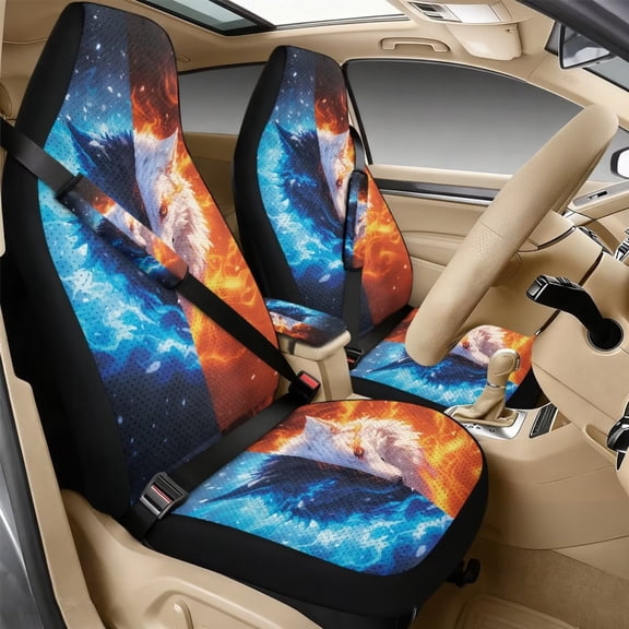 Xixirimido Car Seat Protection Set 5 Pieces Breathable PU Leather Front Seat Covers with Seat Belt and Console Covers Universal Fits Most Cars, Wolf Red Blue Fire