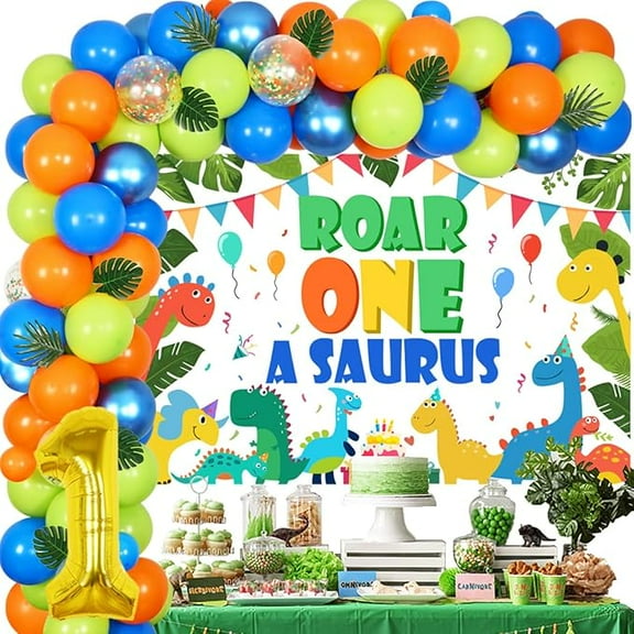 One A Saurus Dinosaur 1st Birthday Decorations Kit with Roar Oneasaurus Backdrop and Balloon Garland Arch
