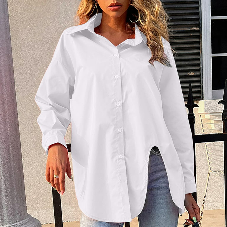 Long Sleeve Shirts Comfy Button Down Collared Solid Plus Size Tops for  Women Tunic Tops to Wear with Leggings Flowy Hide Belly Long Shirt Dressy  White S 