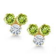 thumbnail image 2 of Gem Stone King 14K Yellow Gold Green Peridot and White Moissanite Three Stone Stud Earrings for Women (0.68 Cttw, Gemstone August Birthstone, Round 3MM), 2 of 4