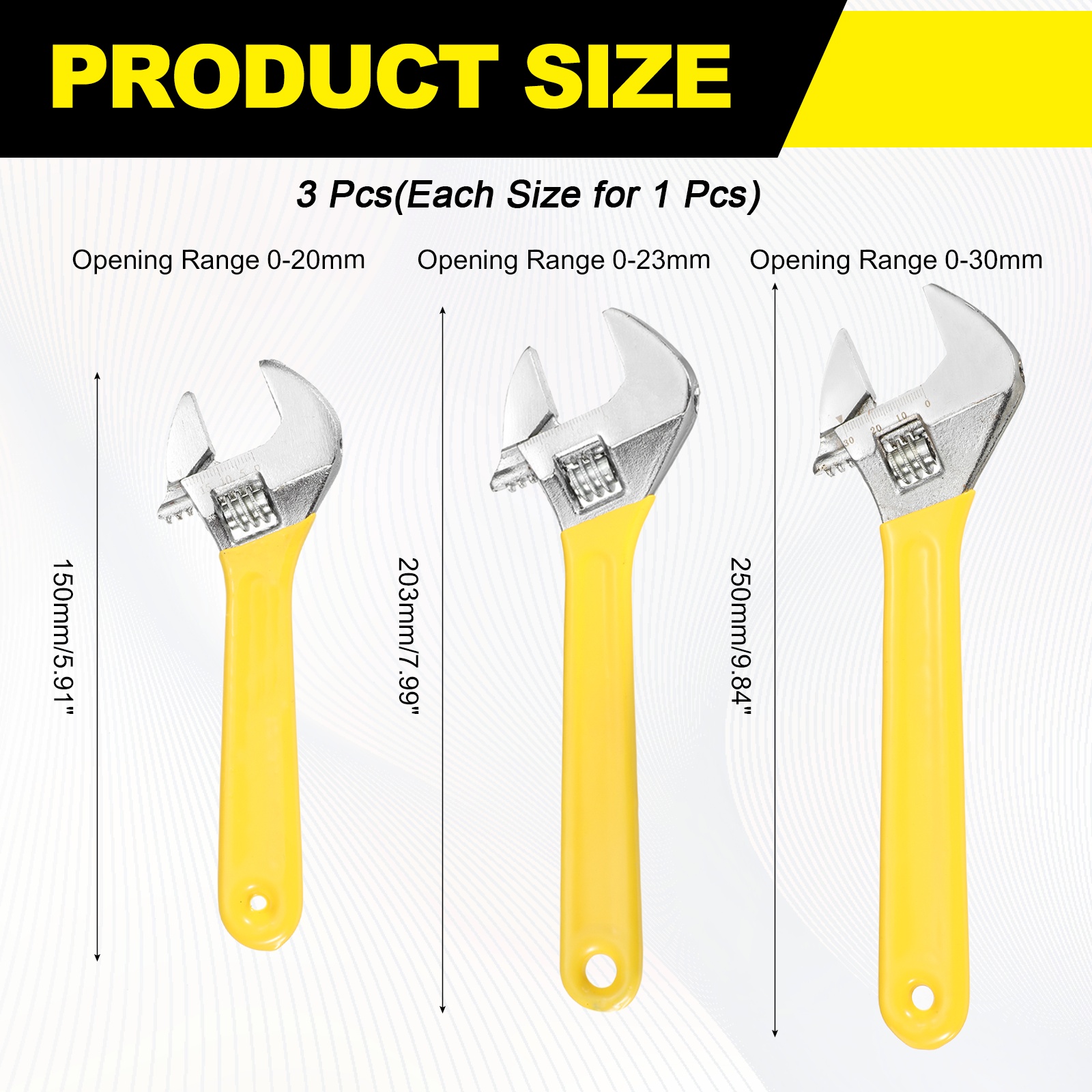 Uxcell 3pcs Adjustable Wrench 6/8/10" High Carbon Steel Industrial Wide Jaw Wrench Adjustable Repairs Spanner Tool with Graduated Scale for Home Garage Workshop Plumbing, Yellow