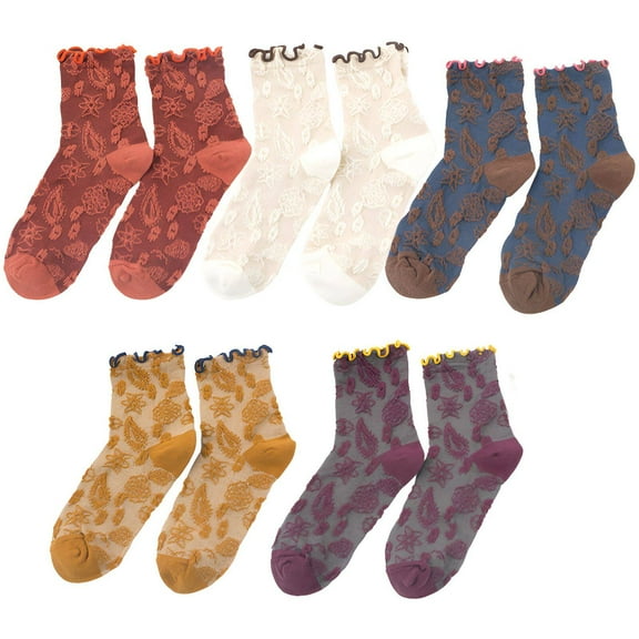TELOLY 5Pairs Ruffle Socks Woman,Vintage Print Frilly Socks Women,Unique Design Ruffle Socks for Girls