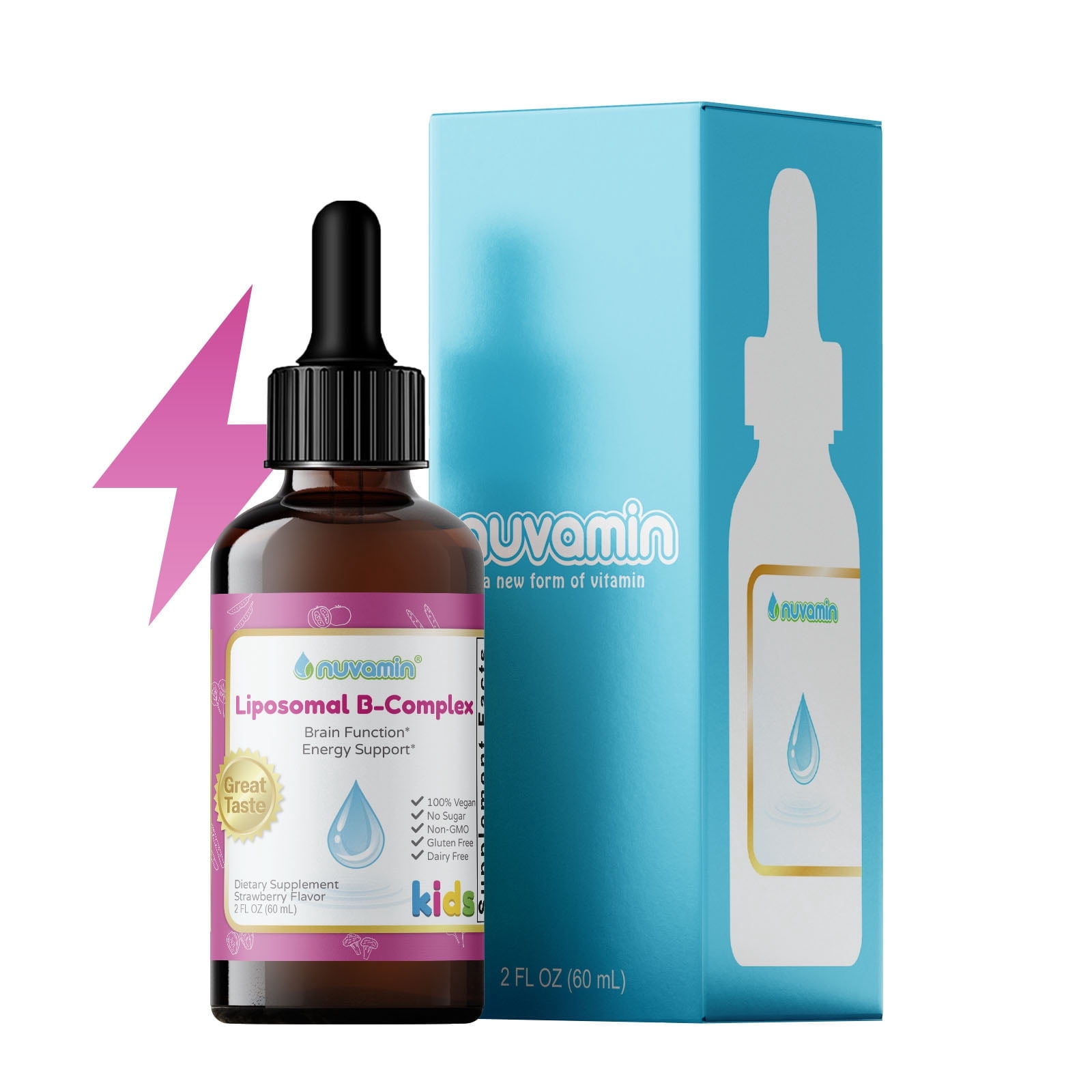 Nuvamin – Liquid Liposomal Methylated Vitamin B for babies, Toddlers, Kids, 2Fl.Oz (60ml) 120 Daily Serving. B1-3, B5-7, B9(L-5-MTHF), B12. Great Taste - Natural – 3rd Party Tested, Strawberry Flavor