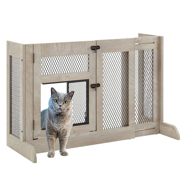 Unipaws Free Standing Dog Gate with Cat Door 33.3 41.6 Adjustable Wooden Dog Barrier